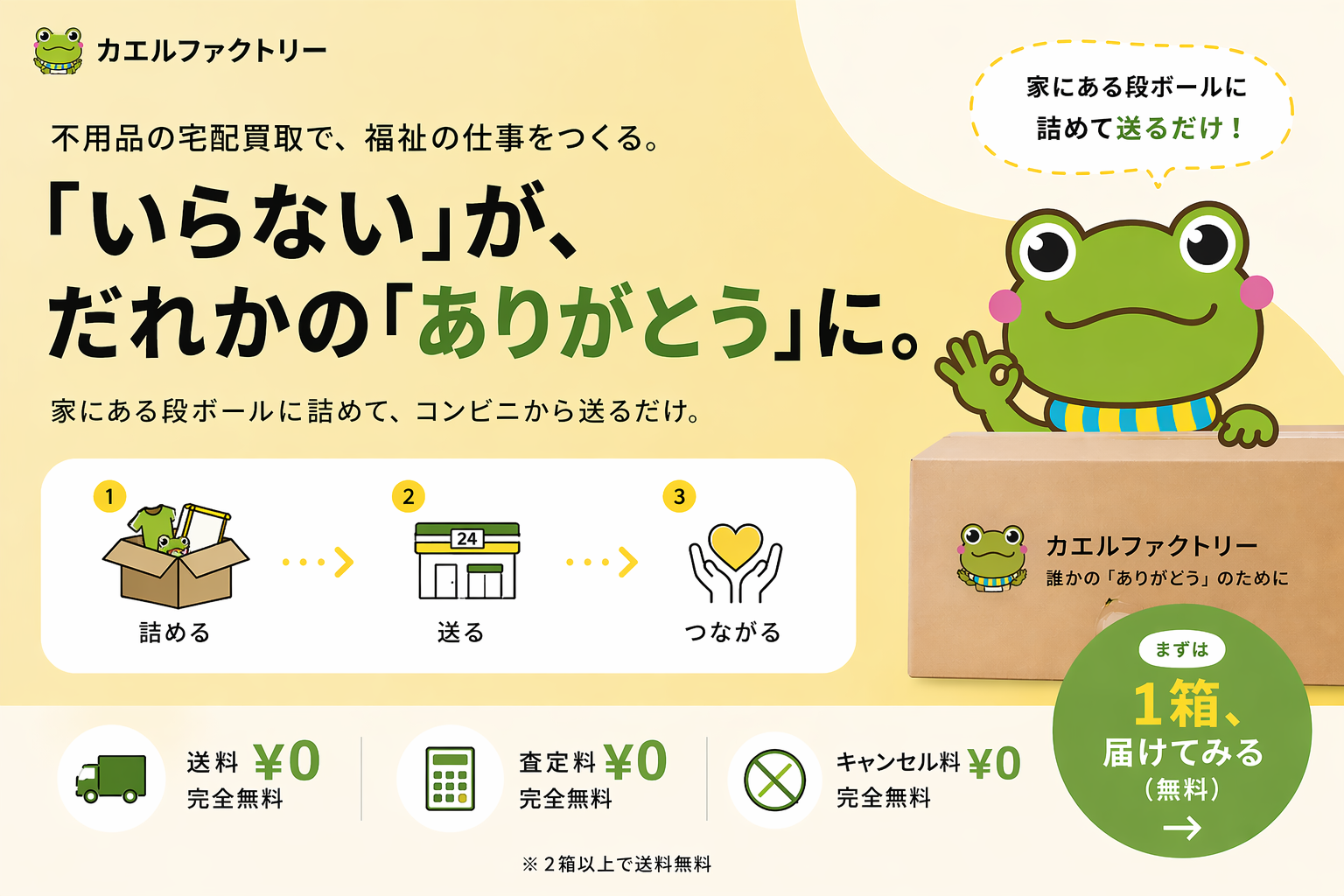 カエルファクトリー｜不用品の宅配買取で、福祉の仕事をつくる。『いらない』が、だれかの『ありがとう』に。家にある段ボールに詰めて、コンビニから送るだけ。詰める→送る→つながる。送料・査定料・キャンセル料すべて¥0。まずは1箱、届けてみる（無料）。